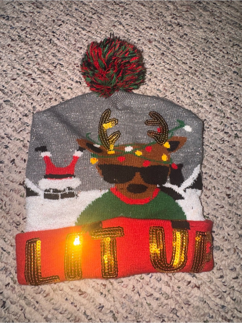 Festive Reindeer Pom-Pom Beanie with Sequined Cuff